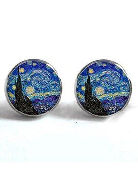 Blue Van Gogh Starry Night Small Round Silver Stud Earrings